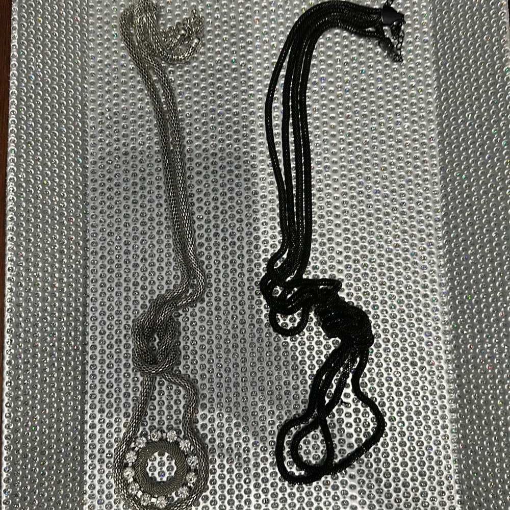 Lot of two knot necklace silver tone rhinestone black chain New